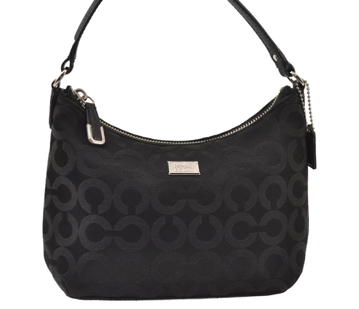 Authentic COACH Op Art Shoulder Hand Bag Purse Canvas Leather Black 0079J