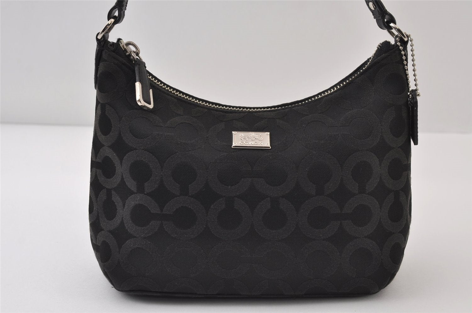 Authentic COACH Op Art Shoulder Hand Bag Purse Canvas Leather Black 0079J