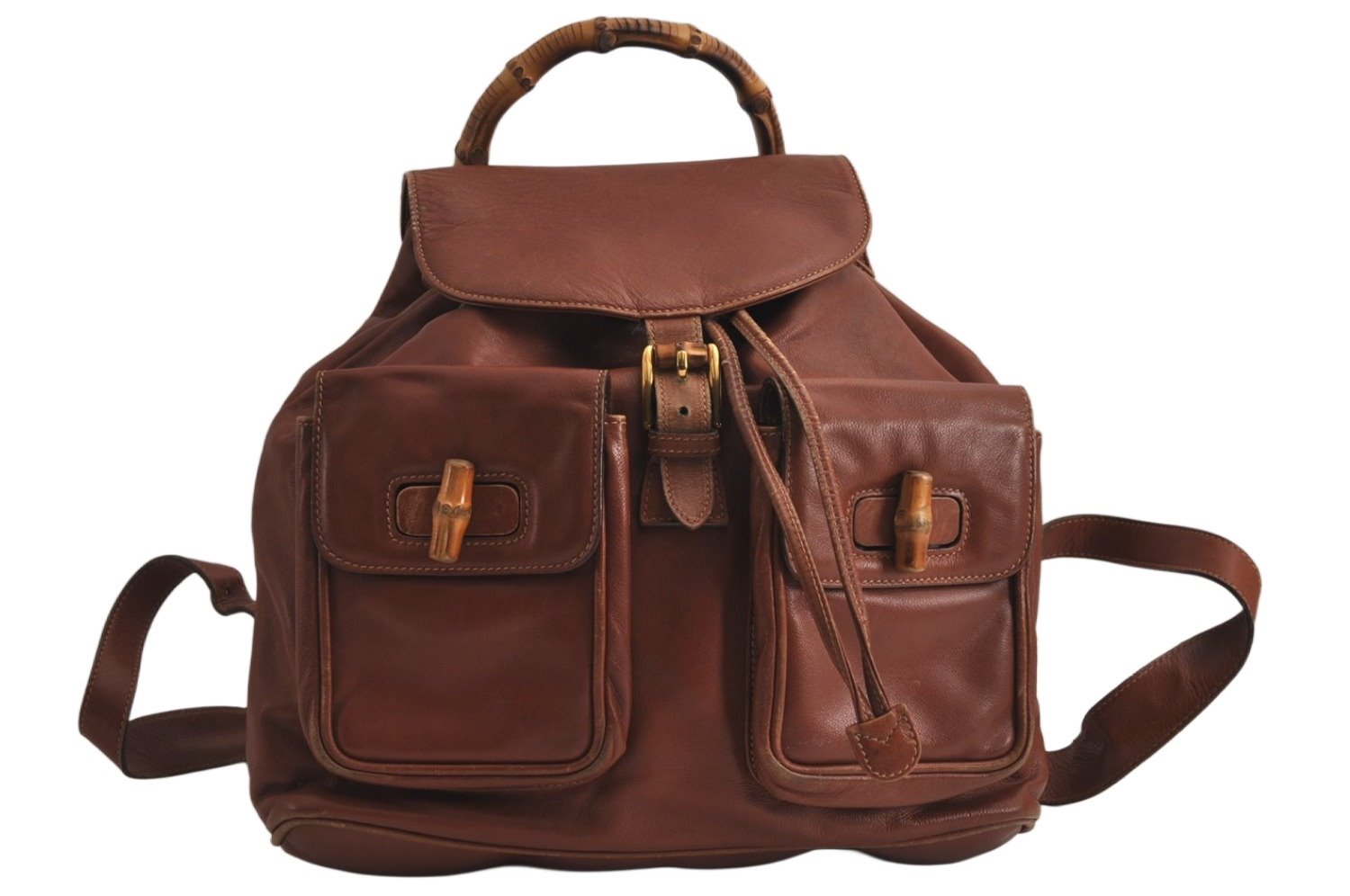 Authentic GUCCI Vintage Bamboo Drawstring Backpack Leather Brown 0082K