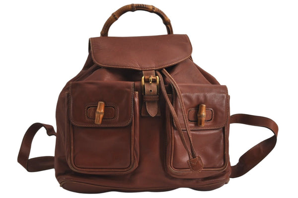 Authentic GUCCI Vintage Bamboo Drawstring Backpack Leather Brown 0082K