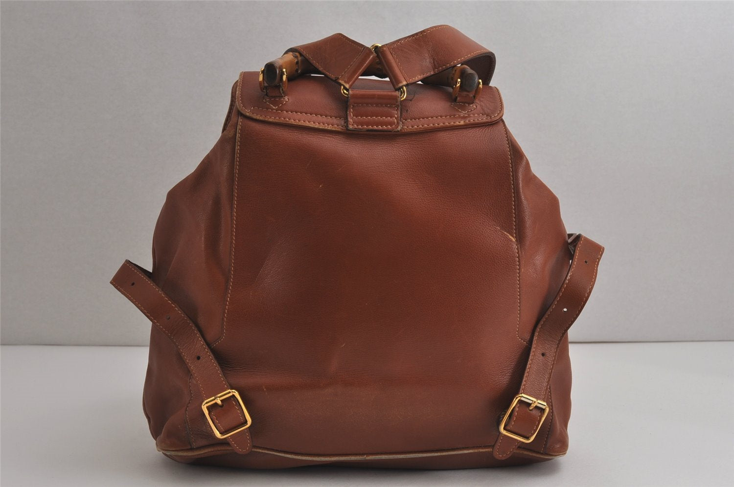 Authentic GUCCI Vintage Bamboo Drawstring Backpack Leather Brown 0082K