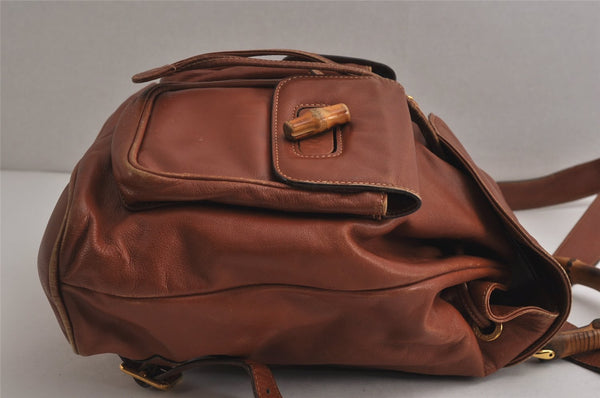 Authentic GUCCI Vintage Bamboo Drawstring Backpack Leather Brown 0082K