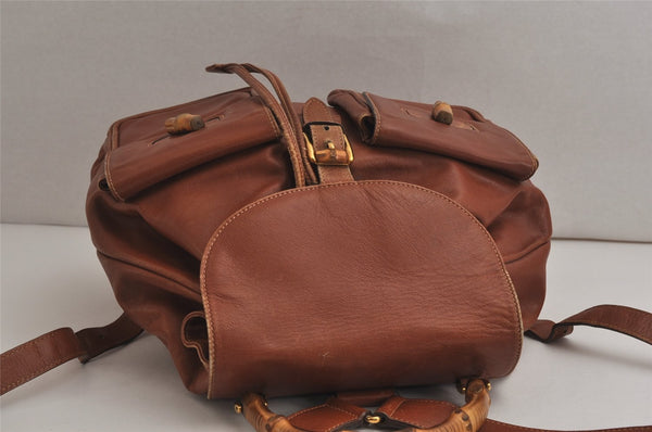 Authentic GUCCI Vintage Bamboo Drawstring Backpack Leather Brown 0082K