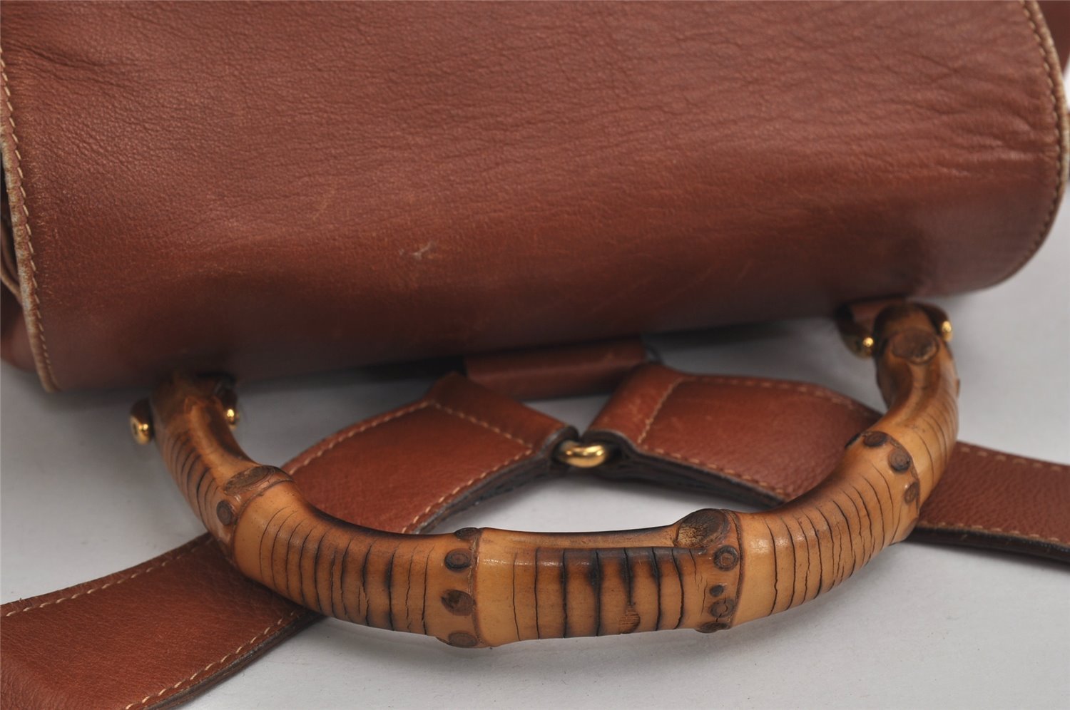 Authentic GUCCI Vintage Bamboo Drawstring Backpack Leather Brown 0082K