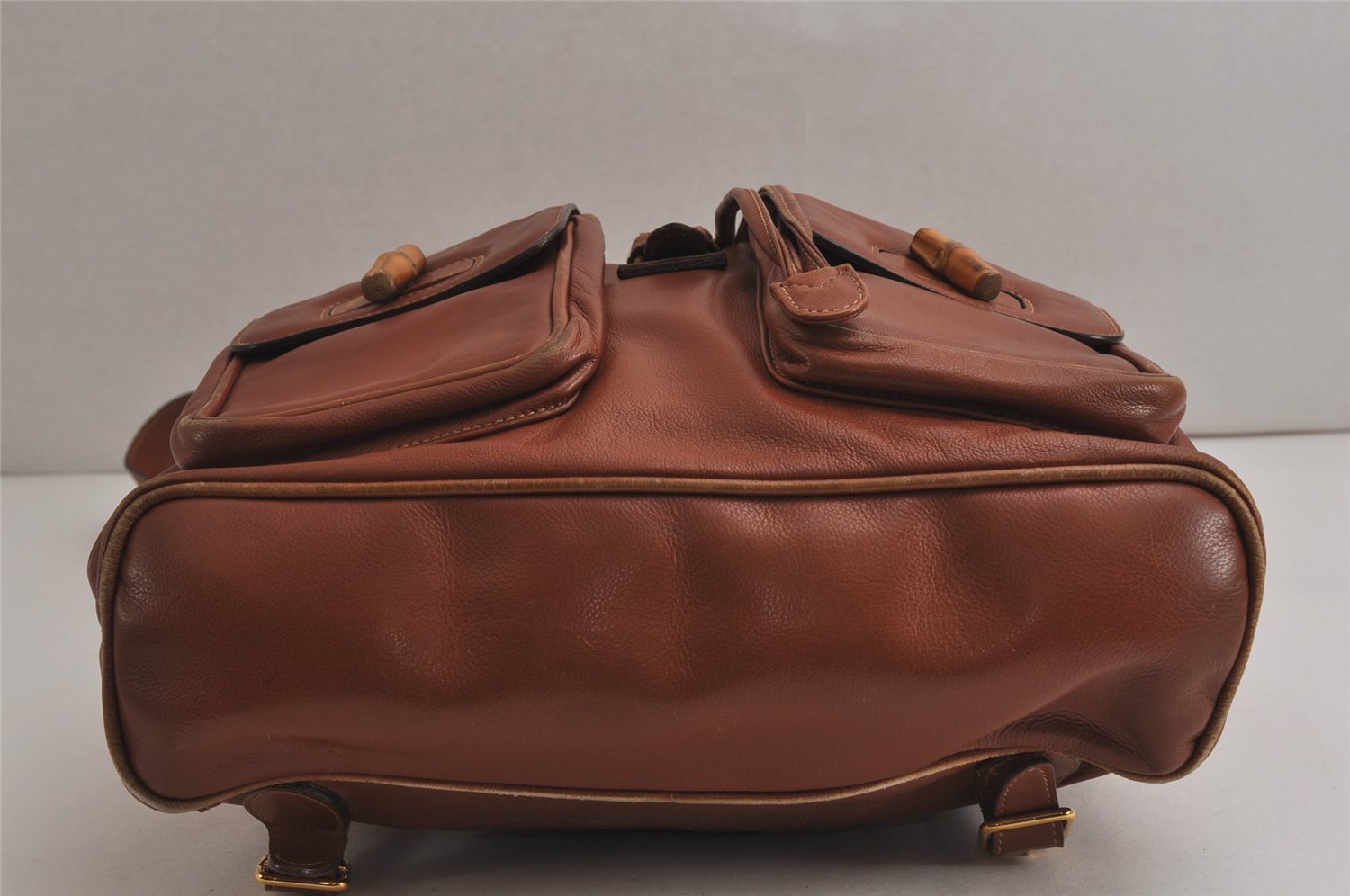 Authentic GUCCI Vintage Bamboo Drawstring Backpack Leather Brown 0082K