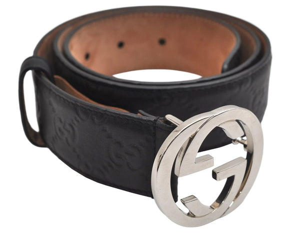 Auth GUCCI Guccissima Interlocking Belt GG Leather 80cm 31.5" 368186 Black 0087K