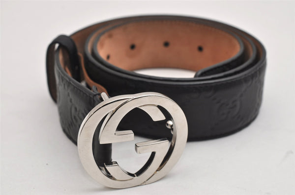 Auth GUCCI Guccissima Interlocking Belt GG Leather 80cm 31.5" 368186 Black 0087K