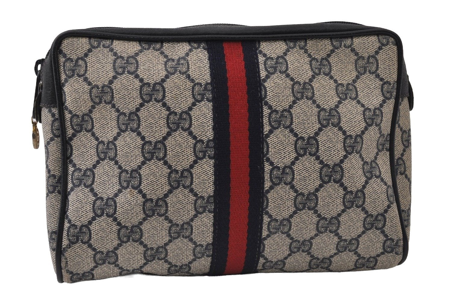 Authentic GUCCI Sherry Line Clutch Hand Bag Purse GG PVC Leather Navy Blue 0090J