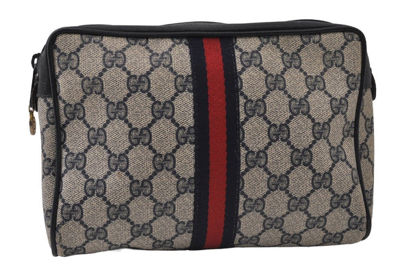Authentic GUCCI Sherry Line Clutch Hand Bag Purse GG PVC Leather Navy Blue 0090J