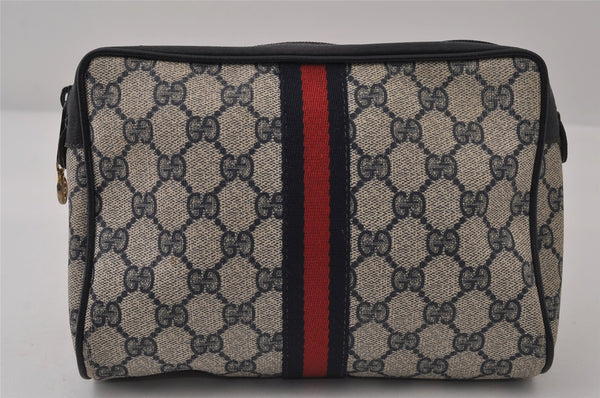 Authentic GUCCI Sherry Line Clutch Hand Bag Purse GG PVC Leather Navy Blue 0090J