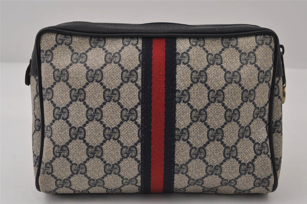 Authentic GUCCI Sherry Line Clutch Hand Bag Purse GG PVC Leather Navy Blue 0090J