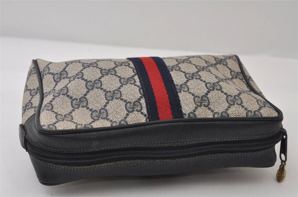 Authentic GUCCI Sherry Line Clutch Hand Bag Purse GG PVC Leather Navy Blue 0090J