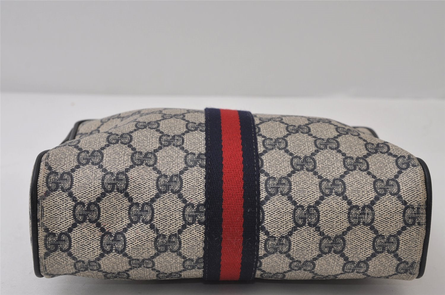 Authentic GUCCI Sherry Line Clutch Hand Bag Purse GG PVC Leather Navy Blue 0090J