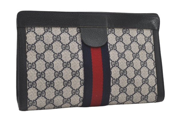 Authentic GUCCI Sherry Line Clutch Hand Bag Purse GG PVC Leather Navy Blue 0096J