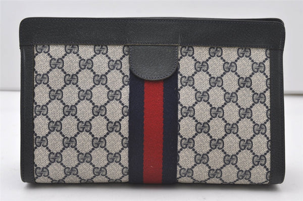 Authentic GUCCI Sherry Line Clutch Hand Bag Purse GG PVC Leather Navy Blue 0096J
