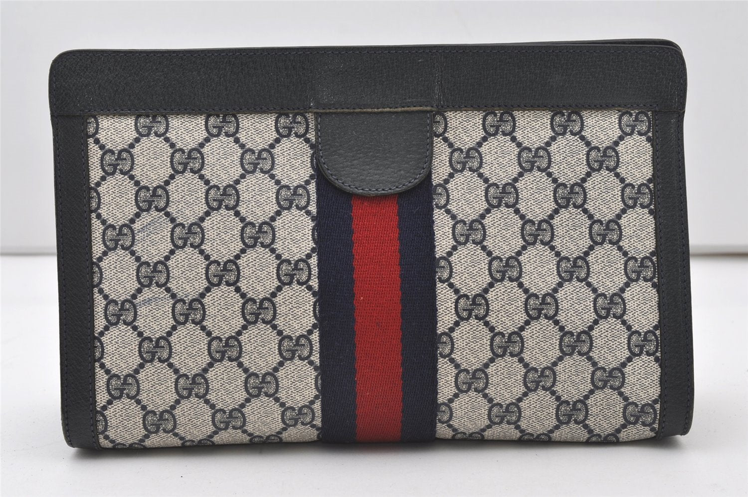 Authentic GUCCI Sherry Line Clutch Hand Bag Purse GG PVC Leather Navy Blue 0096J