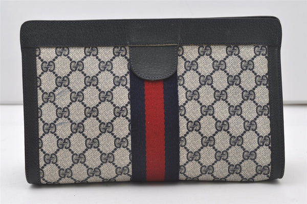 Authentic GUCCI Sherry Line Clutch Hand Bag Purse GG PVC Leather Navy Blue 0096J