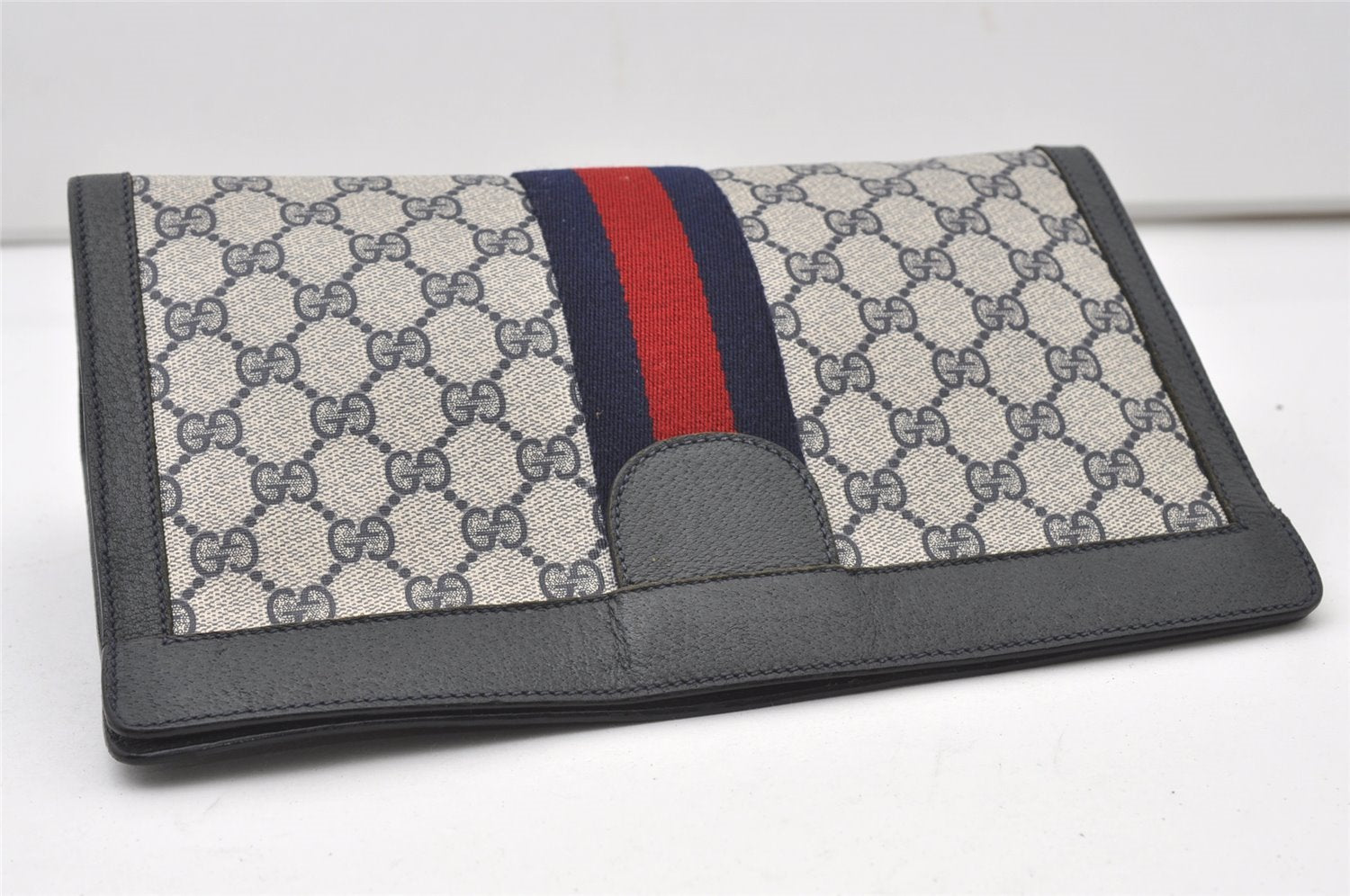 Authentic GUCCI Sherry Line Clutch Hand Bag Purse GG PVC Leather Navy Blue 0096J