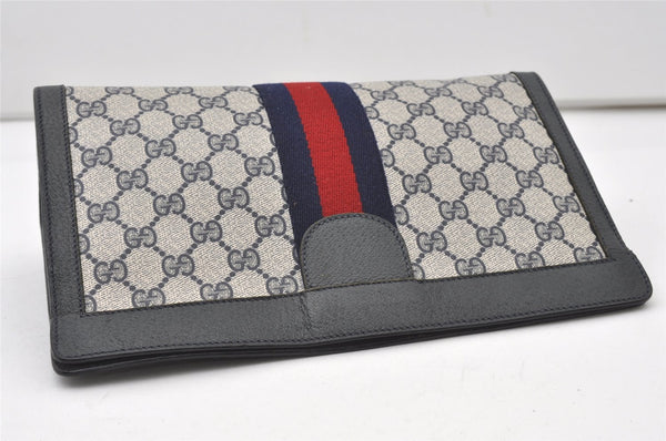 Authentic GUCCI Sherry Line Clutch Hand Bag Purse GG PVC Leather Navy Blue 0096J