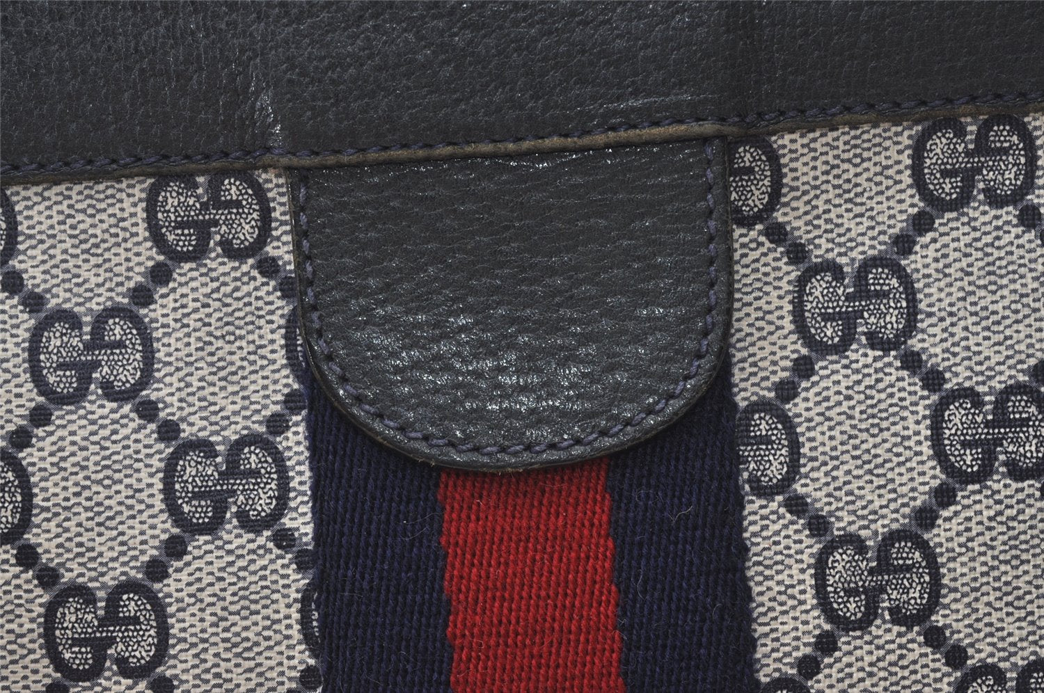 Authentic GUCCI Sherry Line Clutch Hand Bag Purse GG PVC Leather Navy Blue 0096J