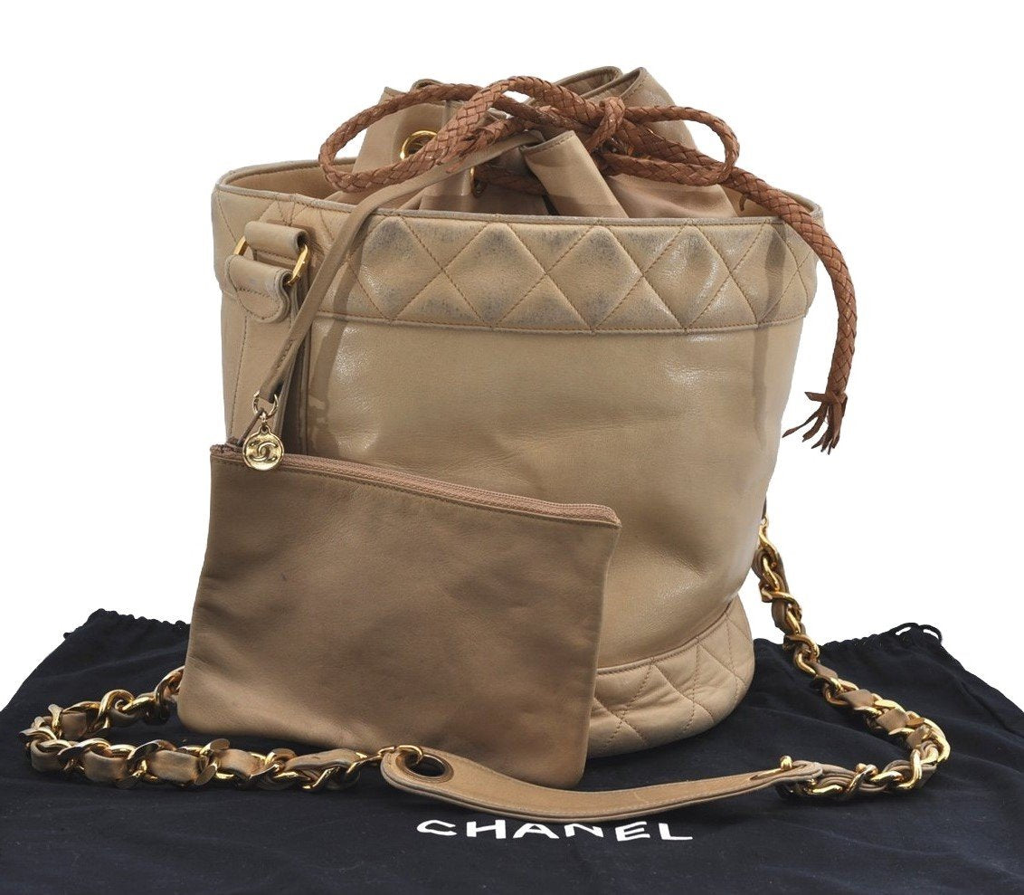 Authentic CHANEL Calf Skin Matelasse Chain Shoulder Cross Body Bag Beige 0097I