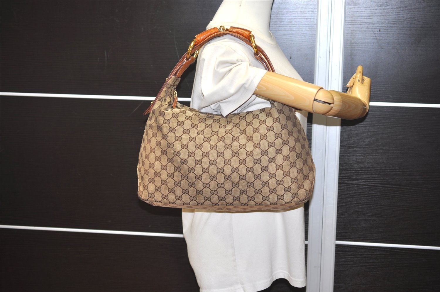 Authentic GUCCI Horsebit Shoulder Hand Bag GG Canvas Leather 115867 Brown 0100J