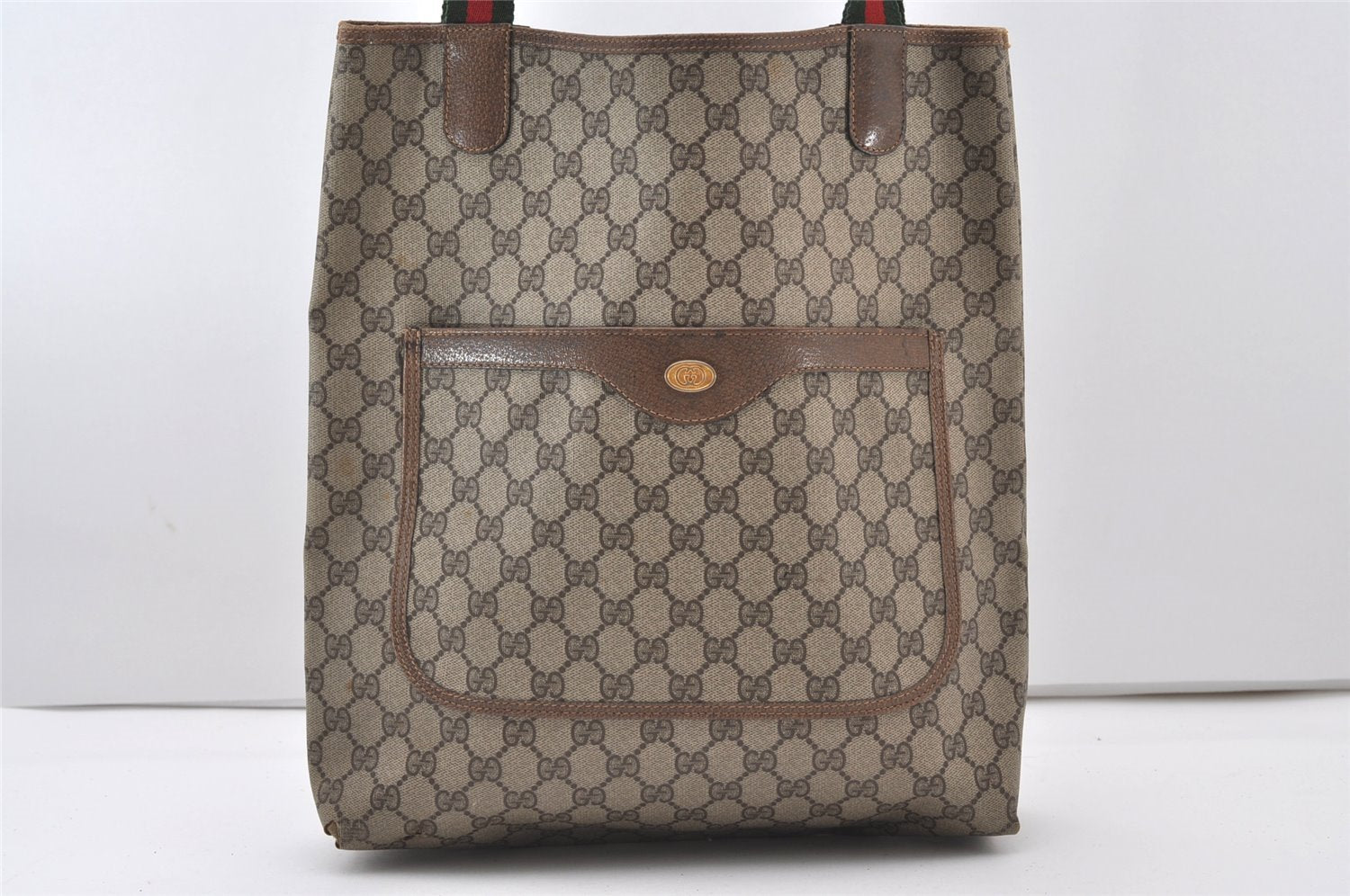 Authentic GUCCI Web Sherry Line Shoulder Tote Bag GG PVC Leather Brown 0101J