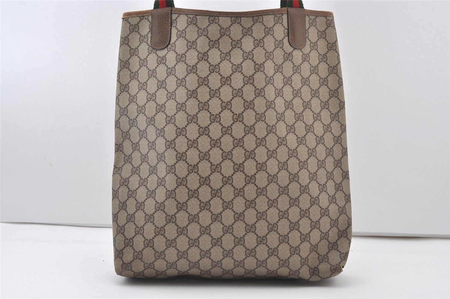 Authentic GUCCI Web Sherry Line Shoulder Tote Bag GG PVC Leather Brown 0101J