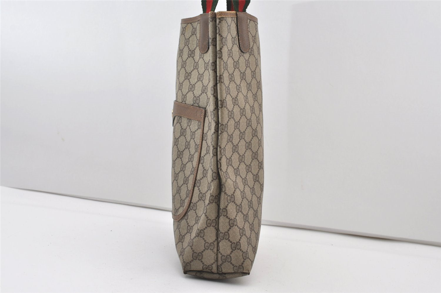 Authentic GUCCI Web Sherry Line Shoulder Tote Bag GG PVC Leather Brown 0101J