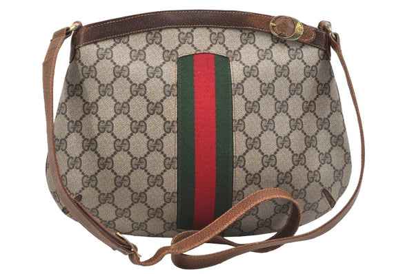 Authentic GUCCI Web Sherry Line Shoulder Cross Bag GG PVC Leather Brown 0104J