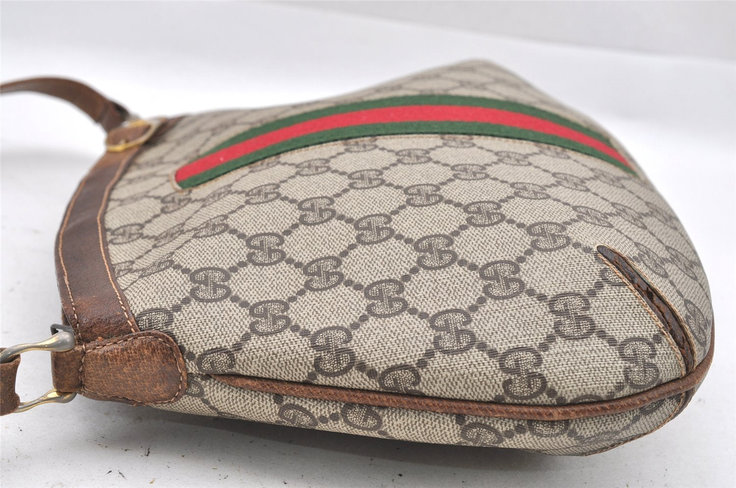 Authentic GUCCI Web Sherry Line Shoulder Cross Bag GG PVC Leather Brown 0104J