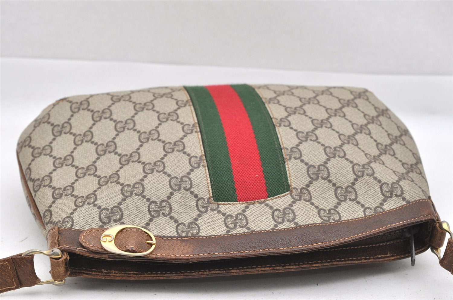 Authentic GUCCI Web Sherry Line Shoulder Cross Bag GG PVC Leather Brown 0104J
