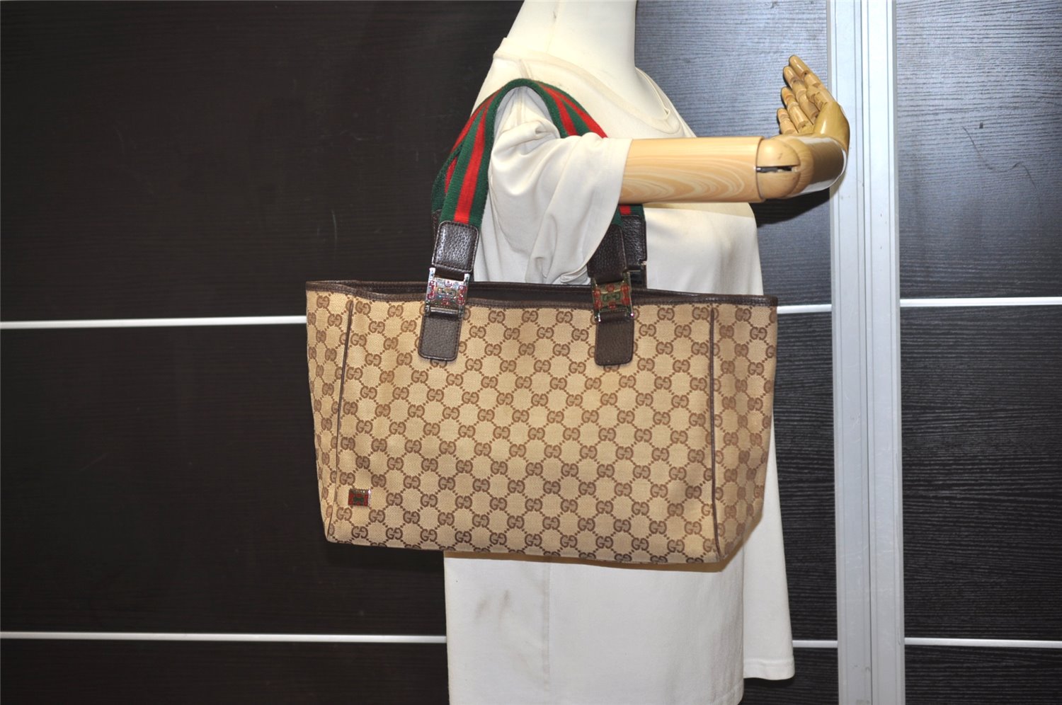 Authentic GUCCI Web Sherry Line Tote Bag GG Canvas Leather 145758 Brown 0106K