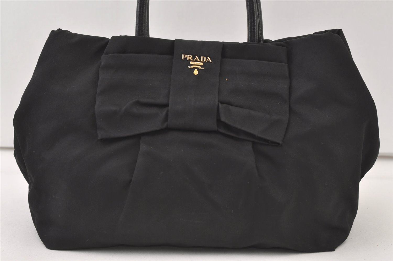 Authentic PRADA Tessuto Fiocco Ribbon Nylon Leather Hand Tote Bag Black 0119K