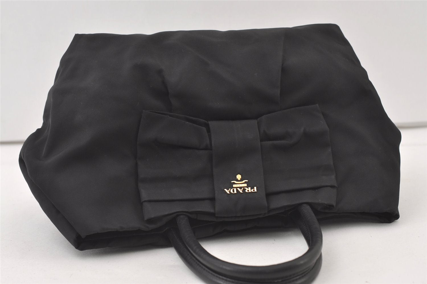 Authentic PRADA Tessuto Fiocco Ribbon Nylon Leather Hand Tote Bag Black 0119K