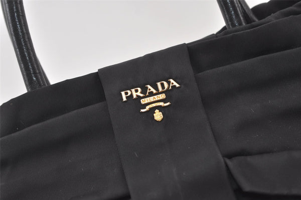 Authentic PRADA Tessuto Fiocco Ribbon Nylon Leather Hand Tote Bag Black 0119K
