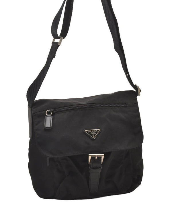 Authentic PRADA Nylon Tessuto Leather Shoulder Cross Body Bag Purse Black 0129I