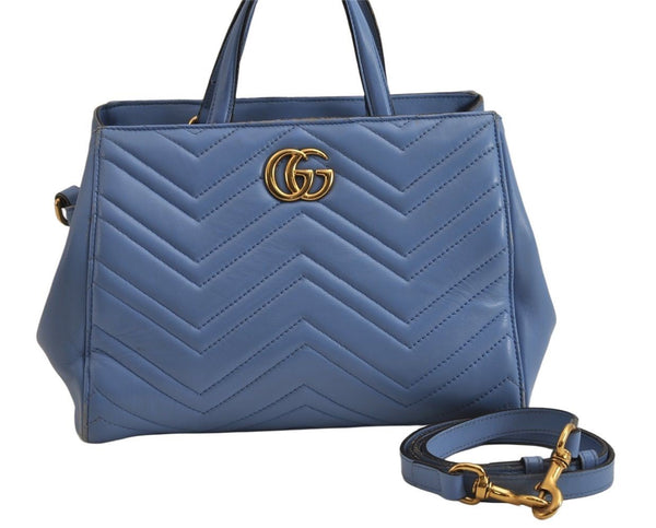 Authentic GUCCI GG Marmont 2Way Shoulder Hand Bag Leather 448054 Blue 0133K