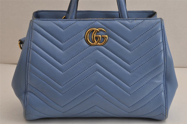 Authentic GUCCI GG Marmont 2Way Shoulder Hand Bag Leather 448054 Blue 0133K