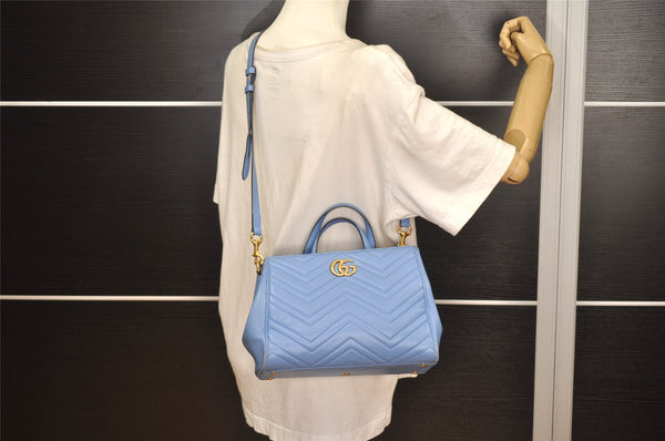 Authentic GUCCI GG Marmont 2Way Shoulder Hand Bag Leather 448054 Blue 0133K