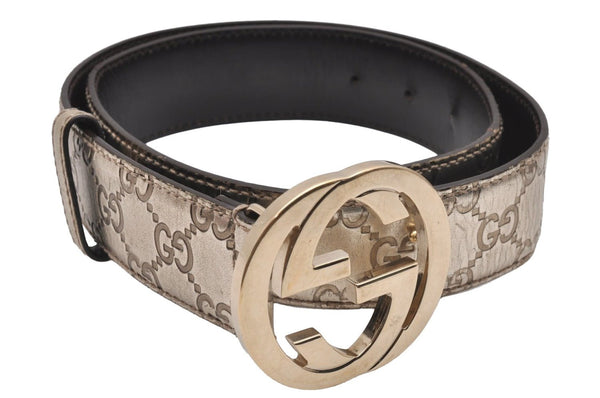 Authentic GUCCI Guccissima Interlocking Belt GG Leather 31.5" 114876 Gold 0135J