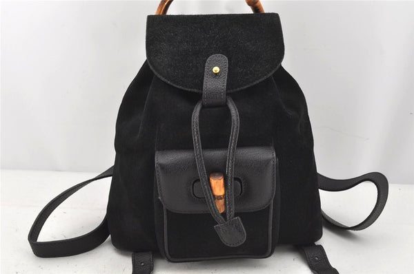 Authentic GUCCI Vintage Bamboo Backpack Purse Suede Leather Black 0139K