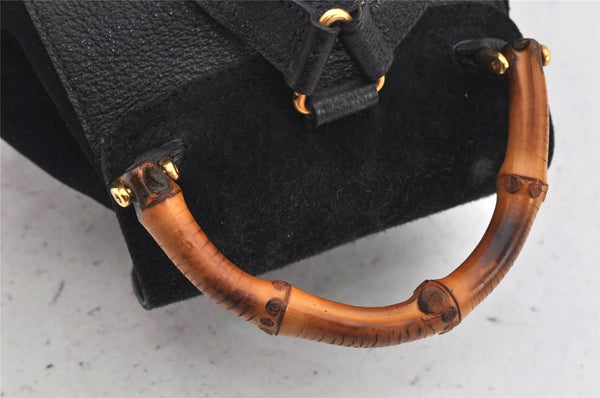Authentic GUCCI Vintage Bamboo Backpack Purse Suede Leather Black 0139K