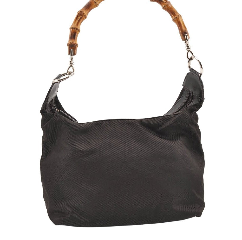 Authentic GUCCI Bamboo Vintage Shoulder Bag Purse Nylon Leather Brown 0142K