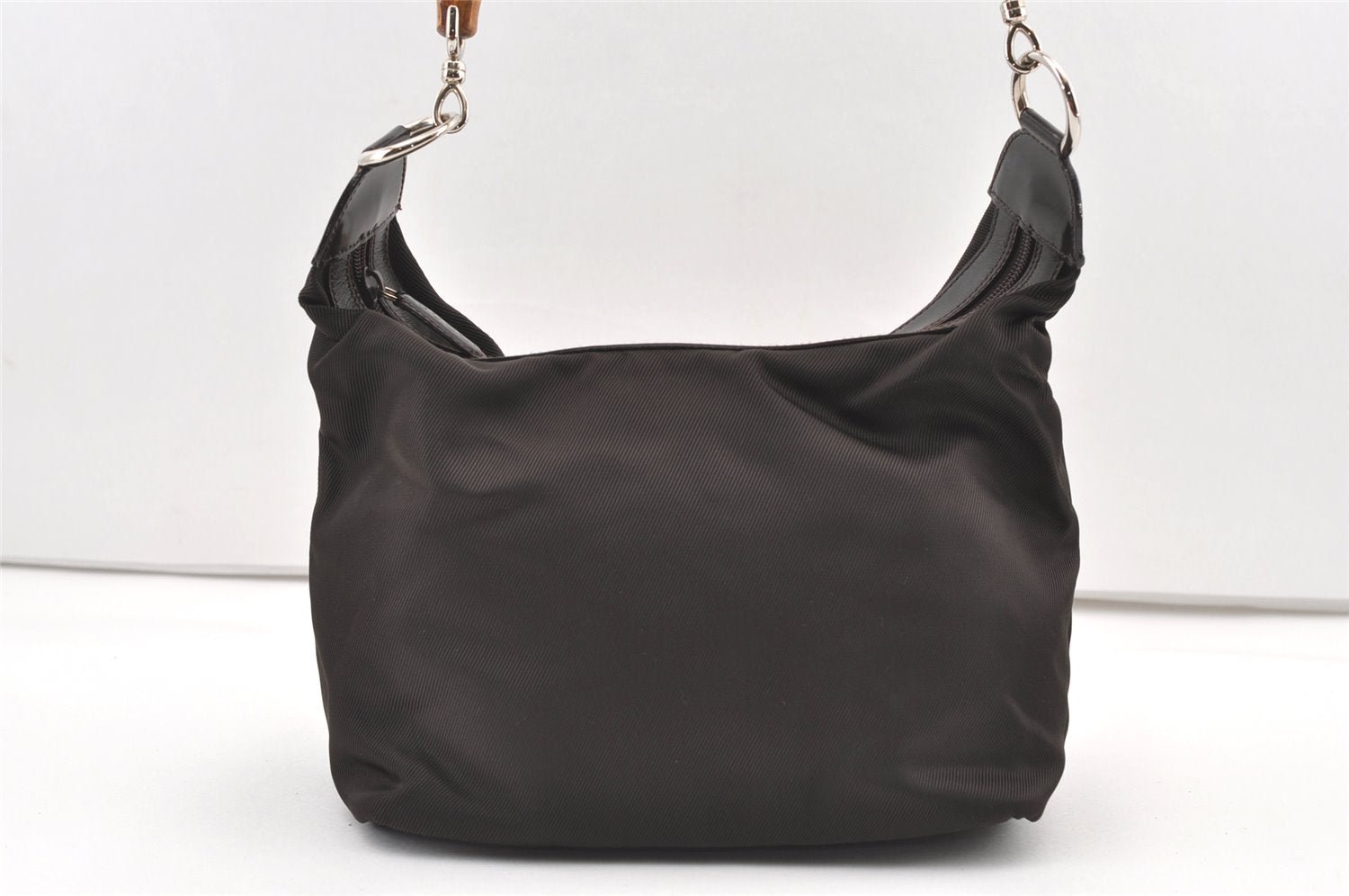 Authentic GUCCI Bamboo Vintage Shoulder Bag Purse Nylon Leather Brown 0142K