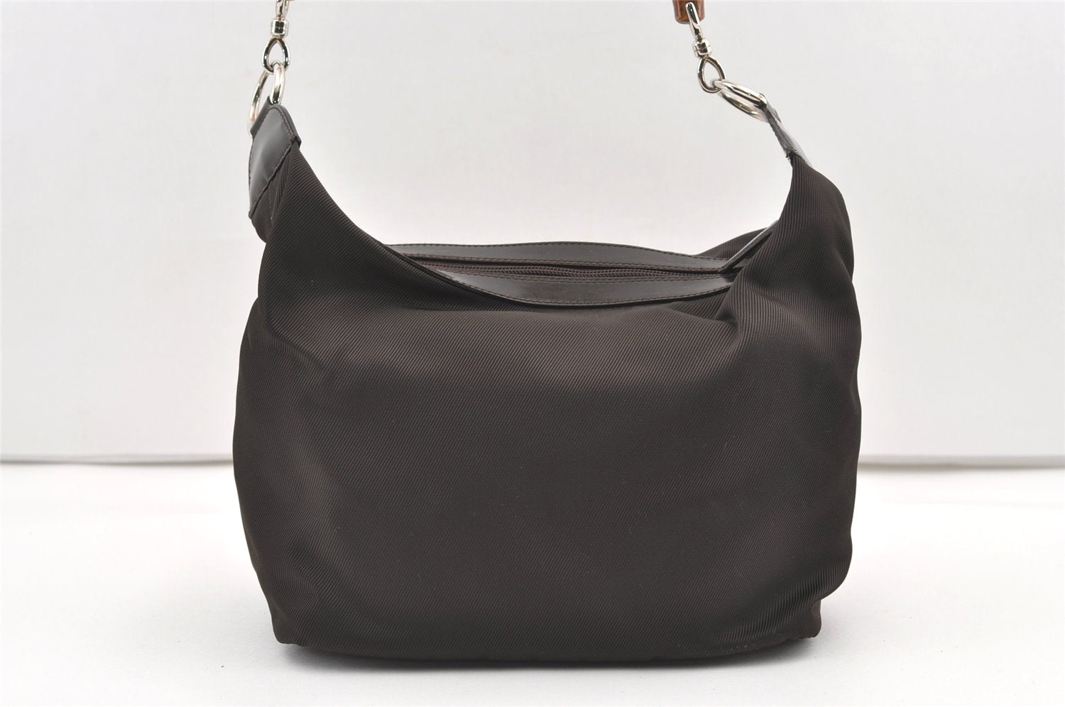 Authentic GUCCI Bamboo Vintage Shoulder Bag Purse Nylon Leather Brown 0142K