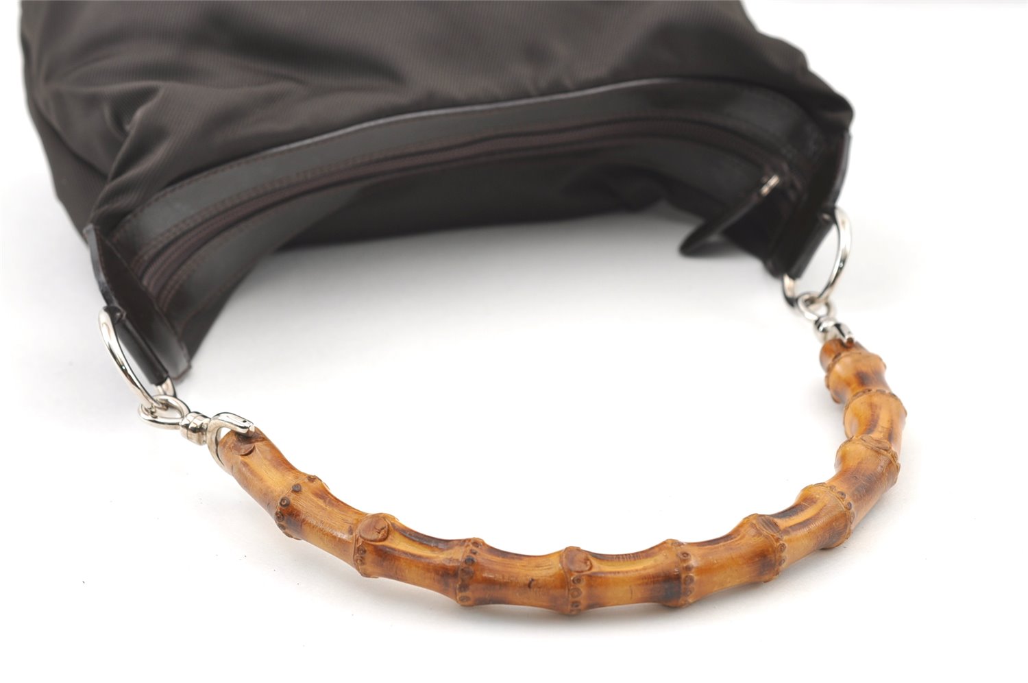 Authentic GUCCI Bamboo Vintage Shoulder Bag Purse Nylon Leather Brown 0142K