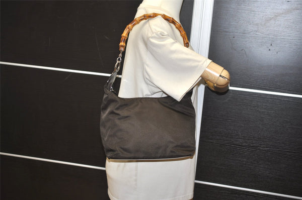 Authentic GUCCI Bamboo Vintage Shoulder Bag Purse Nylon Leather Brown 0142K