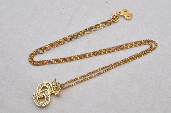 Authentic Christian Dior Gold Tone Chain Rhinestone Pendant Necklace CD 0144J