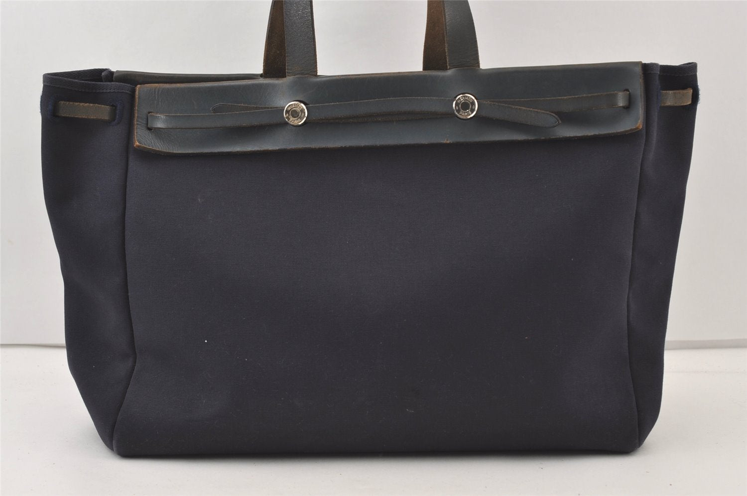 Auth HERMES Her Bag Cabas GM & GM 2Way Tote Bag Canvas Leather Navy 0150K